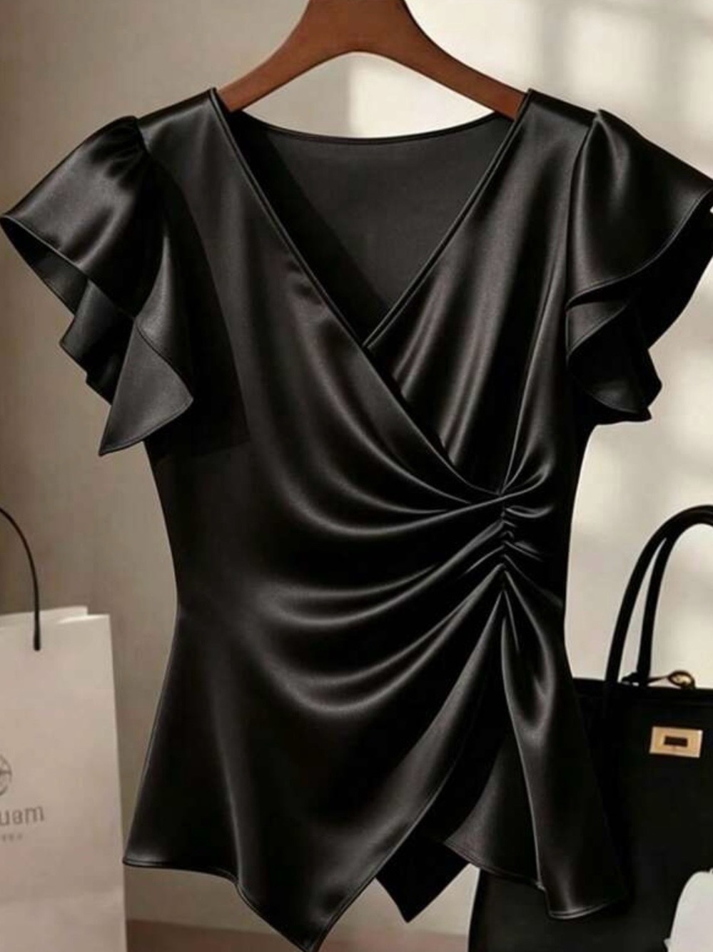 SHEIN, Ladies Black Blouse V-Neck Flounce Sleeve Size XL